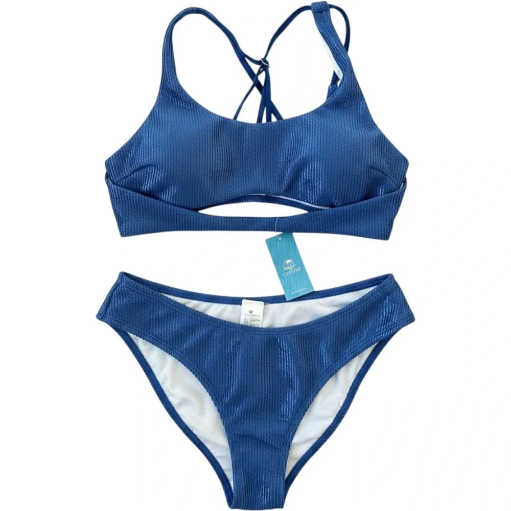 Cupshe Blue Ribbed Shimmer Scoop Neck Bikini Set Two‎ Piece Swimsuit Medium NEW